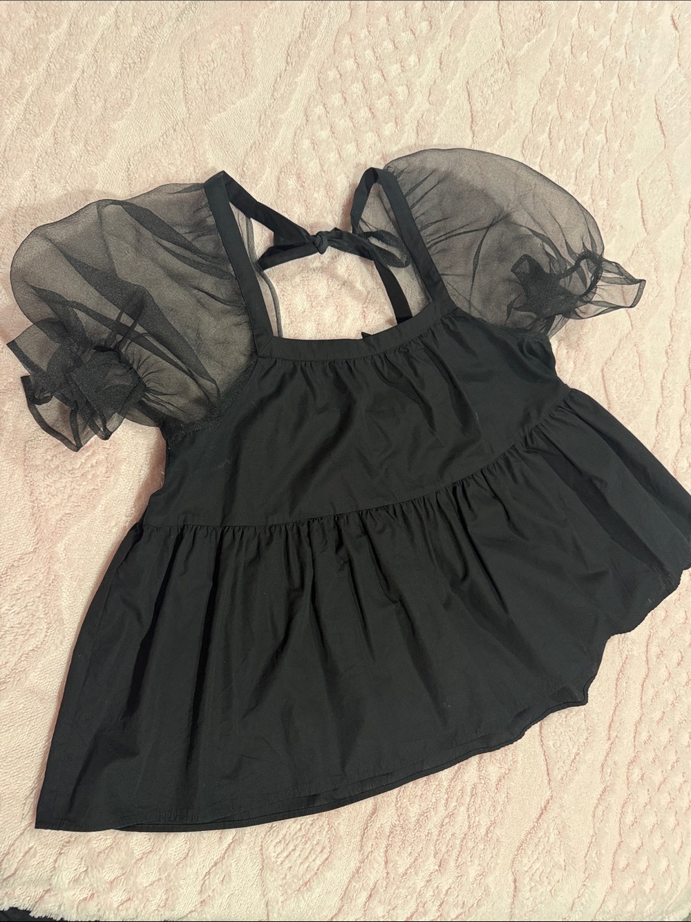 Topshop Black Sheer Puff-Sleeve Peplum Tie-Back Top